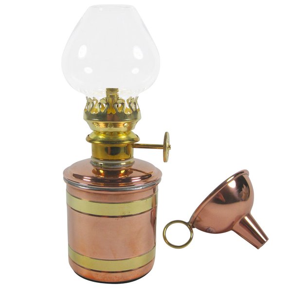 Petroleumlampe ELBE 1 Kupfer mit Messingbändern, H 17 cm, 7 Std. Licht, Kupfertrichter