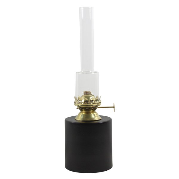 Petroleumlampe, Keramik, rund, schwarz, Messingbrenner, Höhe 25 cm