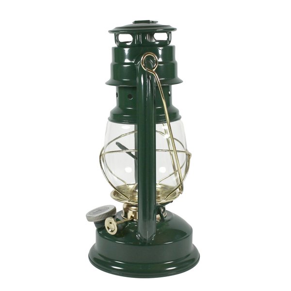Petroleumlampe grün-Messing, HEINZE Sturmlaterne H 24 cm, Leuchtdauer 15 Std.