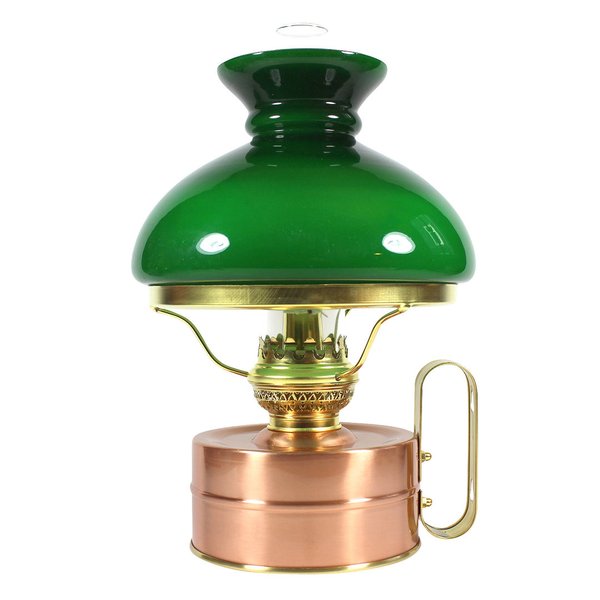 Petroleumlampe GALLEY Kupfer mit grünem VESTA Glasschirm, Höhe 32 cm, Leuchtdauer 75 Stunden