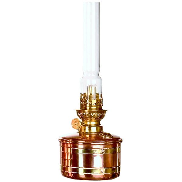 Petroleumlampe ELBE 2, Kupfer, Messingbänder, poliert, Glaszylinder, Höhe 30 cm, 12 Std. Leuchtdauer